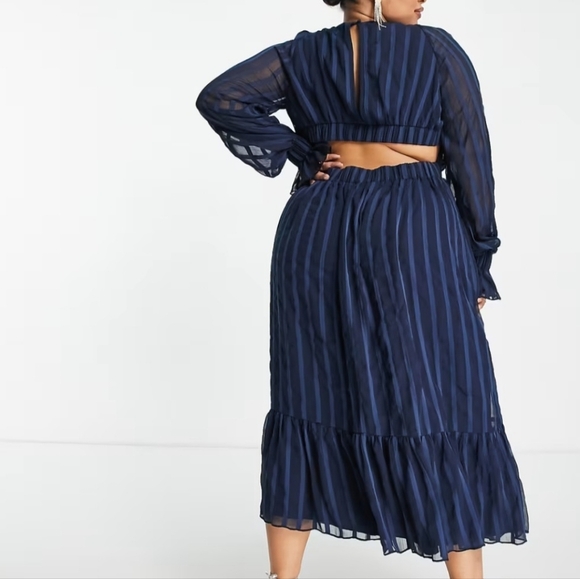 ASOS Curve Maternity Sz 12 Navy Satin Chiffon Sheer Striped Ruffles Midi Dress - Picture 2 of 16